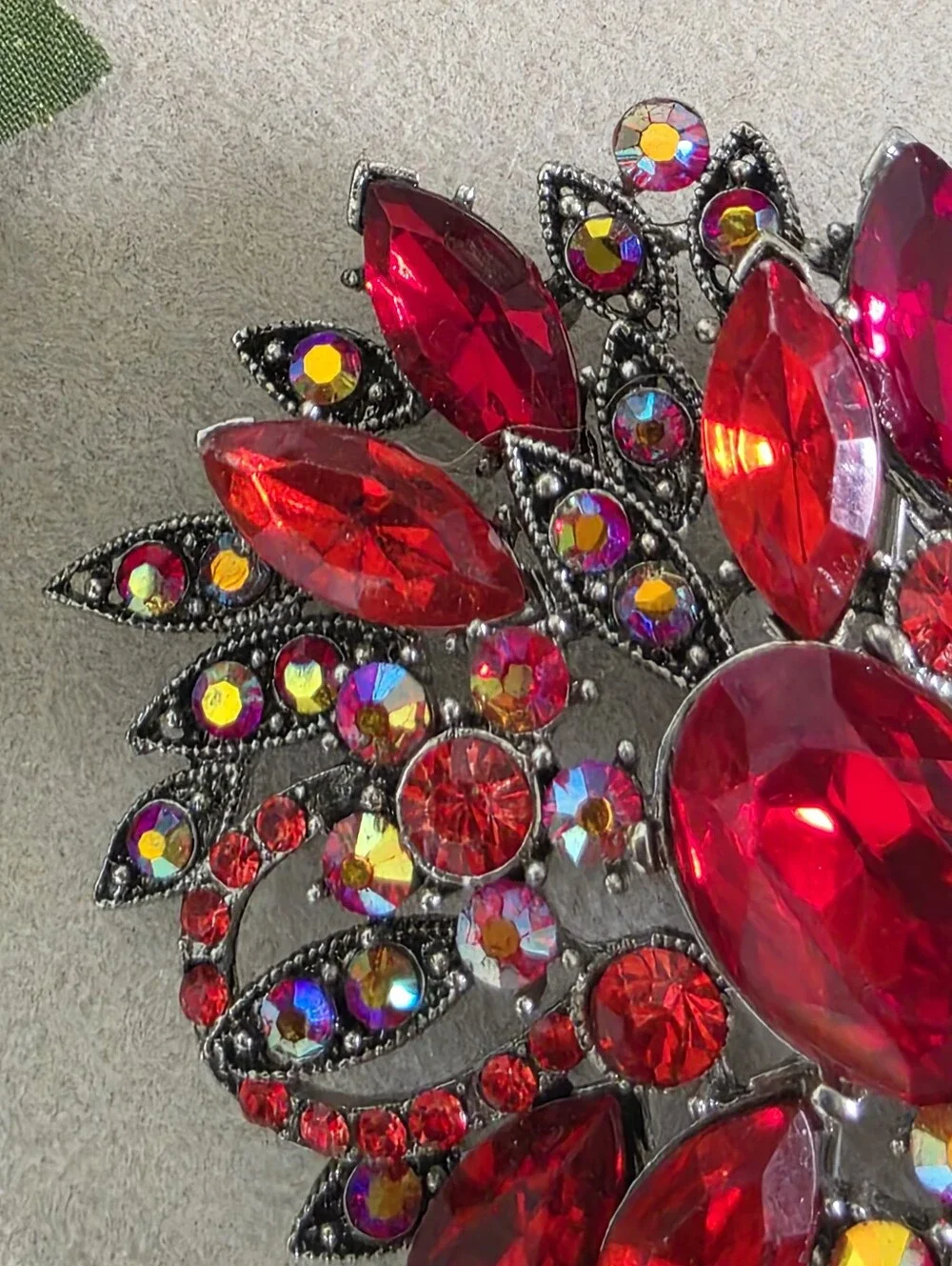 Vintage Style Ruby Red AB Rhinestone Floral Brooch Pin | Large Statement Pin